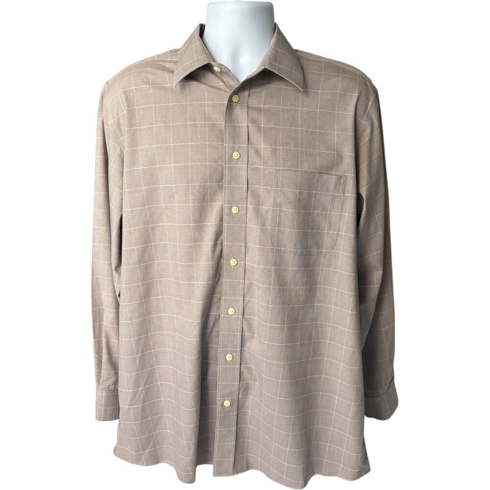 Stafford 18 34/35 Business Dress Shirt Tan Windowpane Plaid Wrinkle Free